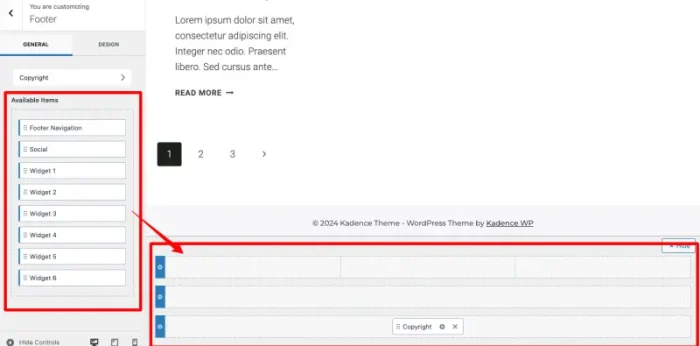 The Kadence Footer Builder interface showing its visual customization
