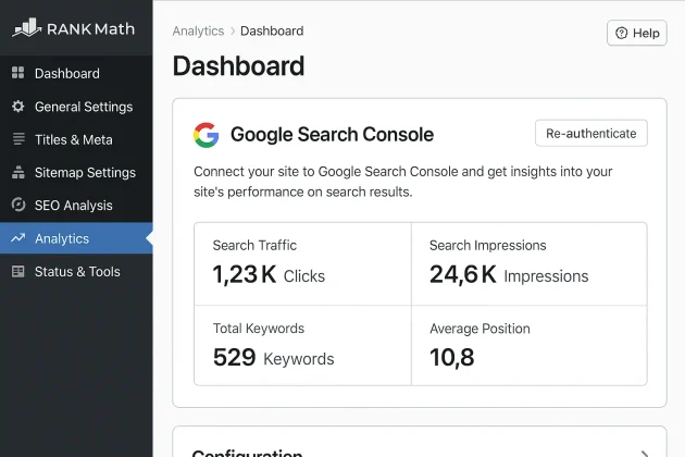 Interfaz del dashboard de RankMath con integración de Google Search Console